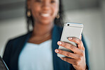Phone, contact and woman accountant typing an email or online message on a mobile app, web or website connection. Finance, profit and corporate person writing a social media update for a  company