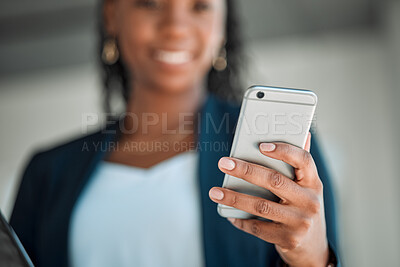 Buy stock photo Phone, contact and woman accountant typing an email or online message on a mobile app, web or website connection. Finance, profit and corporate person writing a social media update for a company
