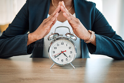 Buy stock photo Hands, clock and insurance with a woman broker in her office for life cover or future security. Investment, retirement and hand gesture with a female agent or advisor at work for time management