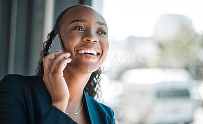 Buy stock photo Black woman, funny and phone call for business, communication and conversation. Smartphone, happy and African professional talking, listening and laughing with contact to chat in corporate office.