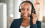 Portrait, telemarketing or black woman with headphones, call center or internet connection with telecom sales. Female person, face and agent with customer service, ecommerce and crm with tech support