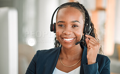 Buy stock photo Portrait, telemarketing or black woman with headphones, call center or internet connection with telecom sales. Female person, face and agent with customer service, ecommerce and crm with tech support