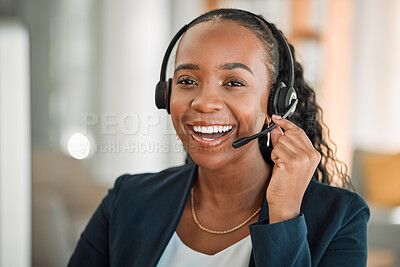 Buy stock photo Portrait, telemarketing or black woman with a smile, customer service and internet connection with advice. Female person, face and consultant with telecom sales, agent and call center with headphones