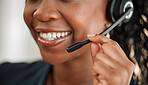 Call center, mic or mouth of happy woman in communication or speaking to help at crm or customer service. Closeup of smile, contact us or sales agent consulting at telemarketing of technical support 