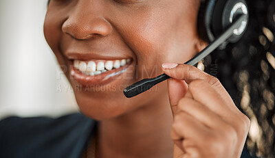 Buy stock photo Call center, mic or mouth of happy woman in communication or speaking to help at crm or customer service. Closeup of smile, contact us or sales agent consulting at telemarketing of technical support 