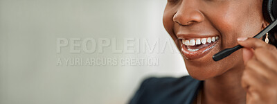 Buy stock photo Call center, banner or mouth of happy woman in communication or talking at customer service. Closeup of smile, mockup space or friendly agent consulting on mic at telemarketing of technical support 