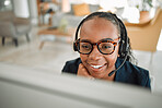 Remote work form home, call center and black woman with a smile, internet connection and help. Female person, consultant and agent with telecom sales, freelancer and customer service with headphones
