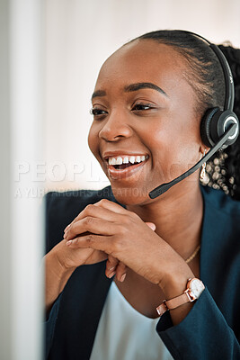 Buy stock photo Smile, telemarketing or black woman with headphones, call center or internet connection with crm. Female person, consultant or agent with telecom sale, customer service or tech support with ecommerce