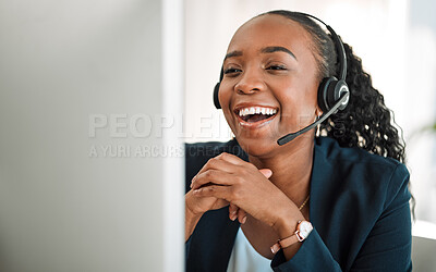 Buy stock photo Funny, telemarketing and black woman with a smile, customer service and internet connection with help. Female person, humor and agent with telecom sales, tech support and call center with headphones