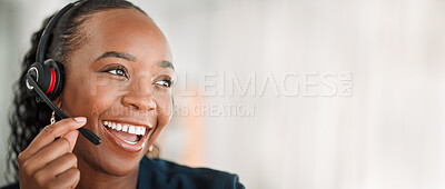 Buy stock photo Thinking, telemarketing or black woman with a smile, customer service and internet connection with success. Female person, consultant or agent with telecom sales, achievement and call center with crm