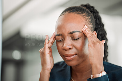Buy stock photo Stress, head pain or black woman in office with headache due to burnout or fatigue from deadline. Migraine, crisis or tired African female consultant depressed or frustrated by anxiety in workplace