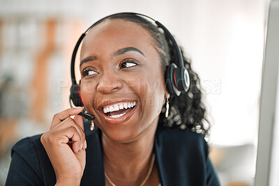 Buy stock photo Thinking, telemarketing or black woman with funny, call center and customer service with help. Female person, consultant or agent with telecom sales, decisions and tech support with headphones or crm