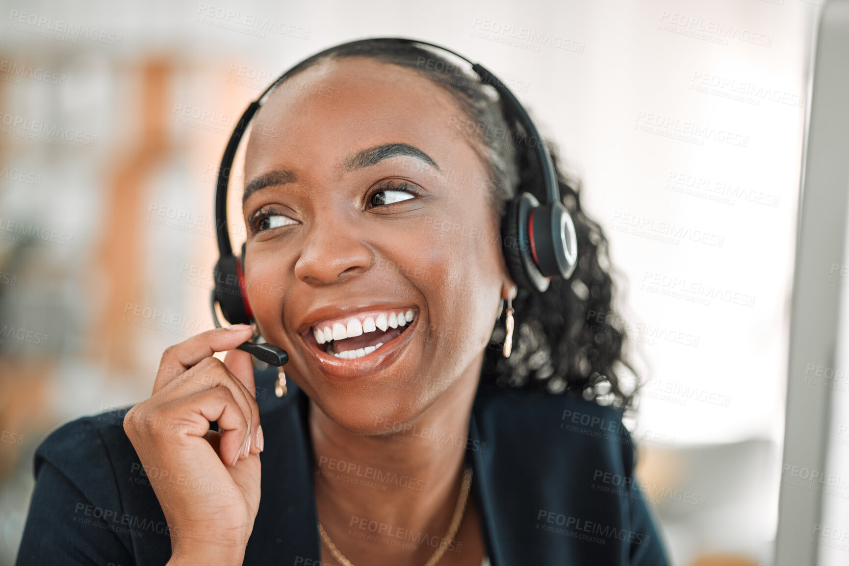 Buy stock photo Thinking, telemarketing or black woman with funny, call center and customer service with help. Female person, consultant or agent with telecom sales, decisions and tech support with headphones or crm
