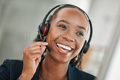 Buy stock photo CRM, thinking and black woman with a smile, customer service and internet connection. Female person, consultant and agent with telecom sales, funny and telemarketing with headphones and tech support