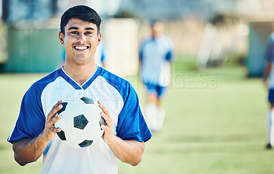 Buy stock photo Football player, portrait and man on field for training, fitness and workout goals, competition and exercise. Happy soccer athlete or face of young person with sports mindset, game and outdoor health