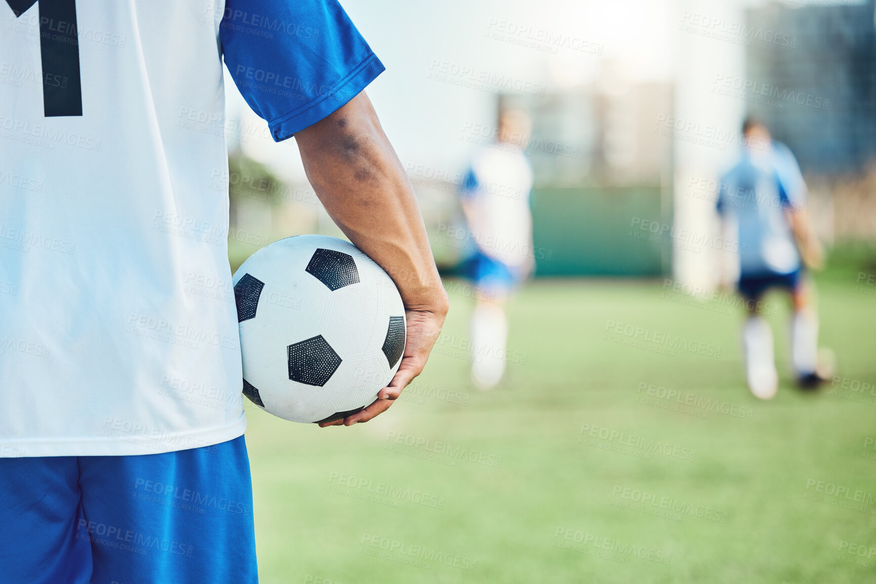 Buy stock photo Back,, sports or man with a soccer ball on a field for exercise, fitness and training outdoors. Football club, ready or healthy athlete in a game for competition event or match contest in stadium 