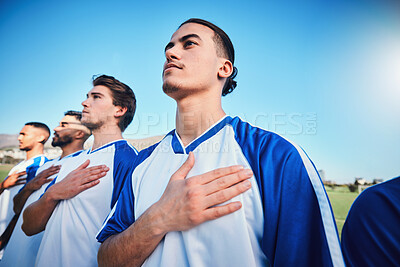 Buy stock photo Soccer team, national anthem and listening at stadium with mockup space before competition, game or match. Football,  song and sports group together for pride, collaboration and serious for contest.