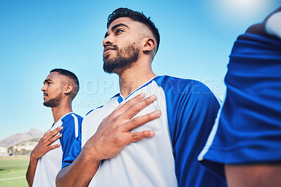 Buy stock photo National anthem, soccer team and listening at stadium before competition, game or match. Football, song or sports players together for pride, collaboration or serious for contest, exercise or workout