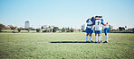 Sports, mockup and a team of soccer players in a huddle on a field for motivation before a game. Football, fitness and training with man friends getting ready for competition on a pitch together