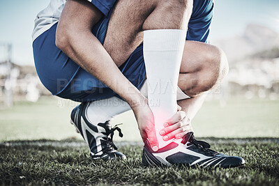 Buy stock photo Injury, sports and hand of a man on foot pain, soccer emergency and accident while training. Fitness, problem and  an athlete or football player with inflammation or a swollen muscle on the field