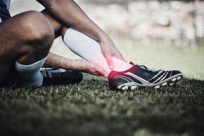 Buy stock photo Injury, soccer and a man on a field with foot pain, training accident and medical emergency at a game. Inflammation, football and a male athlete with a leg or anatomy problem during sport on grass