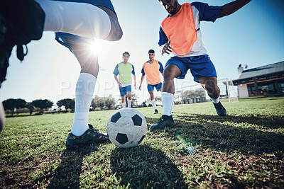 Buy stock photo Football, men and exercise with a challenge, grass and health with workout goal, competition or energy. Male players, guys or athlete with teamwork, soccer or sports with wellness, field and training