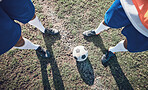 Legs, soccer and ball with a team ready for kickoff on a sports field during a competitive game from above. Football, fitness and teamwork on grass with players standing on grass to start of a match