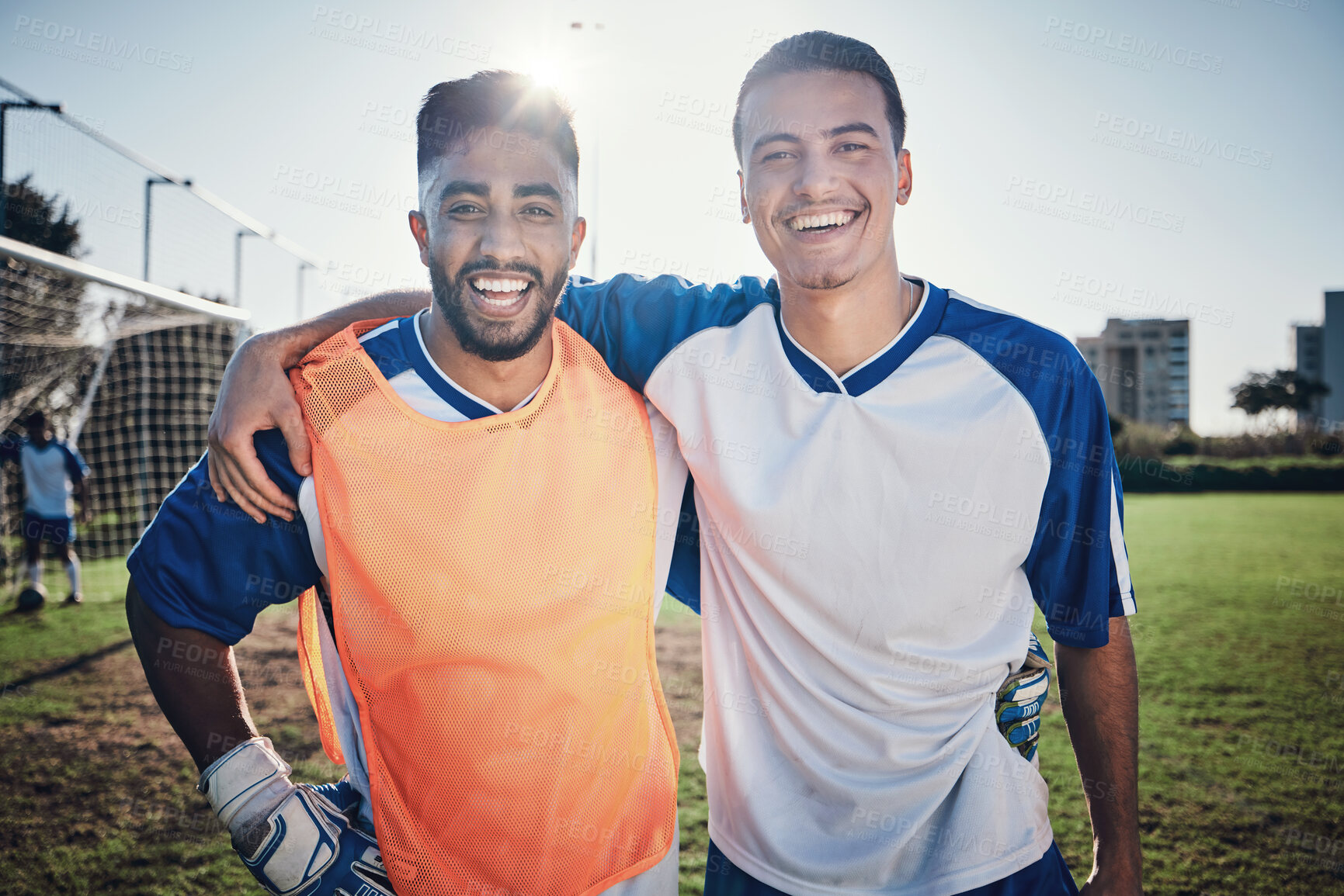 Buy stock photo Happy soccer players, team or portrait of men on a field for sports game, practice or fitness training. People, wellness or excited athlete friends hug after a match with smile or support in stadium