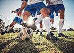 Football, game and men with action, grass and health with workout goal, wellness and motion with sports. Male players, guys or athlete with a challenge, soccer or competition with energy and training
