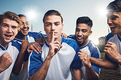 Buy stock photo Soccer, team secret and portrait with group cheer outdoor on a field with emoji hand sign. Men, silence and confidential game plan with fitness, training and sport athlete with win celebration