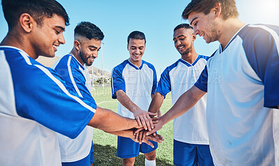 Buy stock photo Fitness, circle and soccer team with their hands together for motivation, empowerment or unity. Sports, teamwork and group of athletes or football players in a huddle before game, match or tournament
