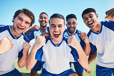 Buy stock photo Soccer player, team portrait and celebration on field for winning, fist and together for training, goals or fitness. Athlete men, group and happy on pitch for exercise, football or success in contest