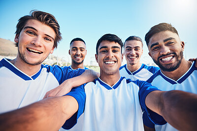 Buy stock photo Soccer player men, team selfie and field for social media post, memory and smile with friends at training. Football group, happy and photography for profile picture, sports and diversity in sunshine