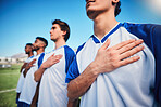 Football team, national anthem and listening at stadium before competition, game or match. Soccer, song or sports players together for pride, collaboration or serious for contest, exercise or workout