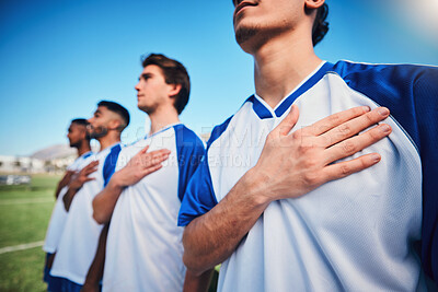 Buy stock photo Football team, national anthem and listening at stadium before competition, game or match. Soccer, song and sports players together for pride, collaboration for contest or exercise with hands closeup