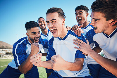 Buy stock photo Winner, goal and soccer with team and happiness, men play game with sports and celebration on field. Energy, action and competition, male athlete group and football player cheers with success outdoor