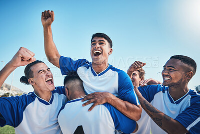 Buy stock photo Football player, winner team and people winning in competition, game or sports goals, success and cheers. Yes, wow and excited group of young men with achievement and soccer celebration on blue sky