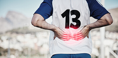 Buy stock photo Back pain, red and hands of sports person or football player in graphic overlay for running or cardio injury outdoor. Workout, fitness and soccer people with training, spine risk or medical emergency