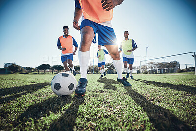 Buy stock photo Football, men and exercise with action, field and wellness with workout goal, fitness and competition. Male players, guys and athlete with a challenge, soccer and sports with energy and training