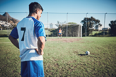 Buy stock photo Soccer, thinking and a man on a field for a goal, sports penalty or training for a team. Fitness, focus and an athlete getting ready to kick a football during a competition for cardio, win or playing