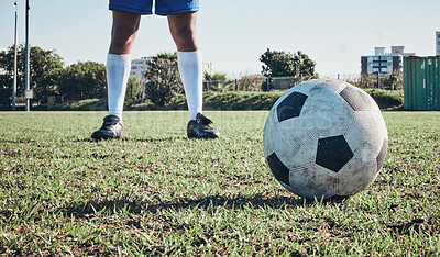 Buy stock photo Sports, soccer ball and feet or shoes of person to kick on field, fitness training or ready for a goal on grass. Football, sneakers and athlete in exercise, competition or sport challenge for goals