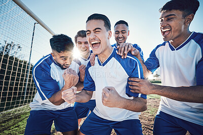 Buy stock photo Winning, goal and soccer player with team and happiness, men play game with sports and celebration on field. Energy, action and competition with male athlete group, cheers and diversity with success