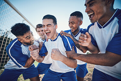 Buy stock photo Winning, goal and soccer with team and achievement, men play game with sports and celebration on field. Energy, action and competition with male athlete group, cheers and happiness with success