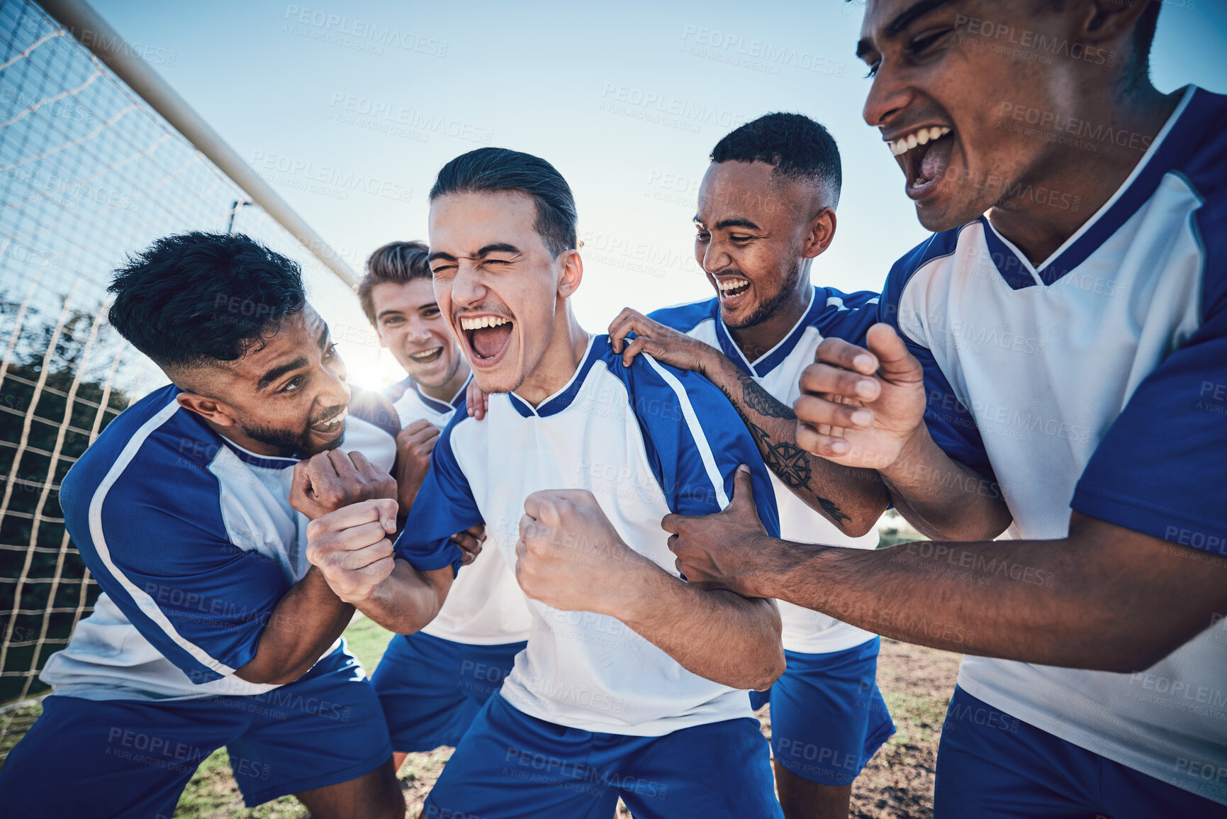 Buy stock photo Winning, goal and soccer with team and achievement, men play game with sports and celebration on field. Energy, action and competition with male athlete group, cheers and happiness with success