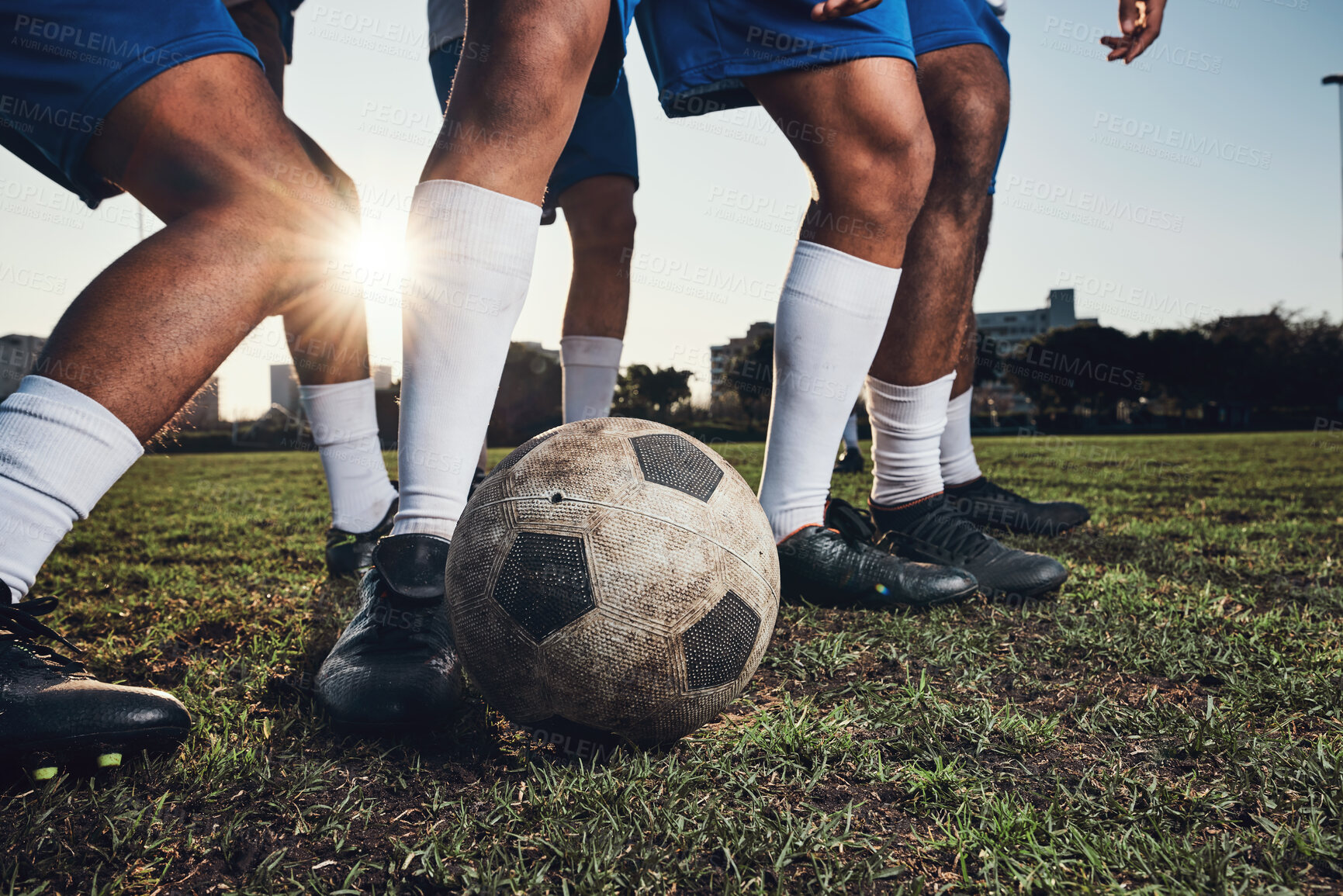 Buy stock photo Closeup, ball and soccer with men, game and fitness with sports, competition and workout goals. Zoom, football and athletes with energy, exercise and training for a match, action and tackle challenge