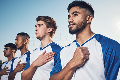 Buy stock photo National anthem, football team and listening before competition, game or match. Soccer, song and sports players together with pride, group collaboration and serious for contest, exercise or workout