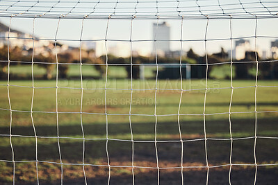 Buy stock photo Empty, net or goal post on soccer field for fitness training, exercise or workout outdoors on grass pitch. Football club, background or closeup of game competition event or match contest in stadium 