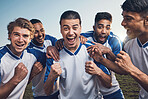 Winning, goal and soccer player with team in portrait, happiness and men play game with sports and celebration. Energy, action and competition with male athlete group, cheers and success on field