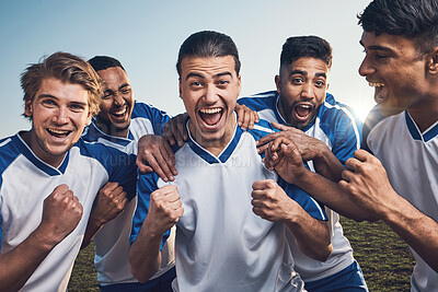 Buy stock photo Winning, goal and soccer player with team in portrait, happiness and men play game with sports and celebration. Energy, action and competition with male athlete group, cheers and success on field