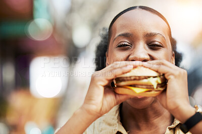 Buy stock photo Portrait, fast food and black woman eating a burger in an restaurant or outdoor cafe as a lunch meal craving. Breakfast, sandwich and young female person or customer enjoying a tasty unhealthy snack